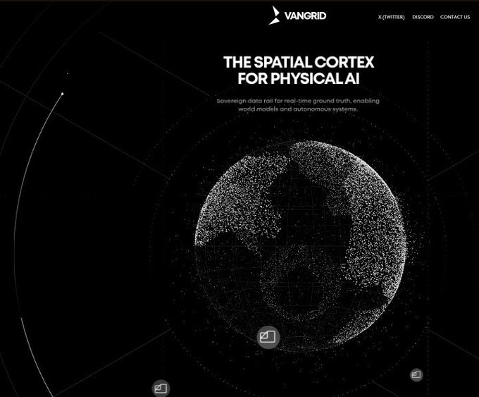 Website screenshot for VANGRID featuring the tagline 'THE SPATIAL CORTEX FOR PHYSICAL AI' and 'Sovereign data rail for real-time ground truth, enabling world models and autonomous systems,' with a 3D point cloud globe visualization.