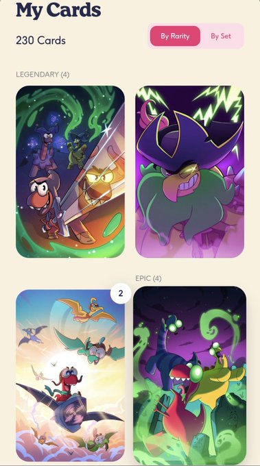 A 'My Cards' collection screen showing 230 cards sorted by Rarity, displaying Legendary (Donkey Kong and a pirate) and Epic (flying characters and a goblin) digital trading cards.
