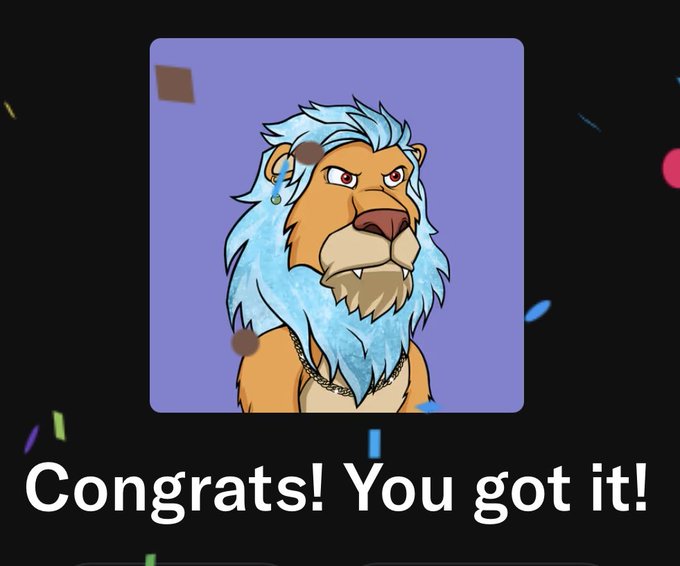 A 'Congrats! You got it!' screen displaying an illustration of an anthropomorphic lion with a blue mane and gold earring on a purple background, surrounded by confetti.