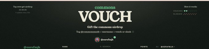 A banner for 'commons VOUCH' advertising a 'Gift the commons airdrop' with the Twitter handle '@osorofmjh', noting 'Top 2000 get airdrop', '23:30:25' countdown, and '7 vouchers every 10s'.