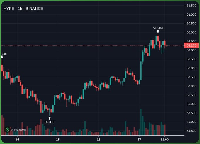 A Binance 1-hour candlestick chart for HYPE/USD showing a recent peak at 59.909, a low at 55.330, and the current price at 59.275, with trading volume displayed at the bottom.