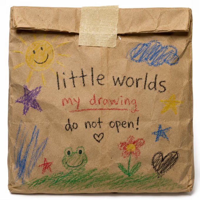 A brown paper bag labeled 'little worlds, my drawing do not open!' decorated with childlike crayon drawings of a sun, stars, clouds, a frog, flower, and hearts.