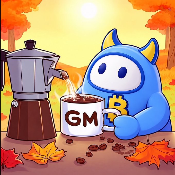 A cartoon illustration of a blue Bitcoin mascot character drinking coffee from a mug labeled 'GM' beside a Moka pot, with coffee beans and autumn leaves scattered on a table.