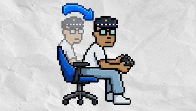 A pixel-art illustration shows two characters sitting together on a rolling chair—one with sunglasses and headphones and another holding a game controller—symbolizing that no matter what activity you're engaged in, you should always secure your accounts. The "lock in" message ties into the imagery of the lock-like object and protective eyewear, reinforcing the importance of staying alert and locked in.