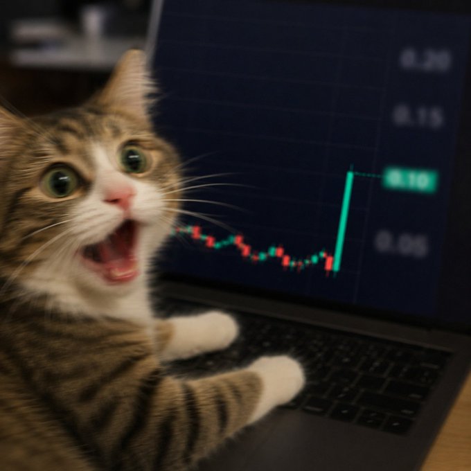 A wide-eyed, shocked-looking tabby cat with its paws on a laptop keyboard, while the screen displays a rising green line graph with a sharp upward spike and numbers including '0.10', '0.15', and '0.20'.