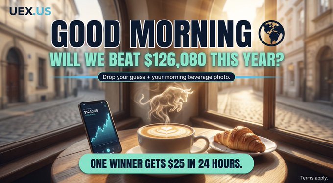 A promotional graphic from UEX.US reading 'GOOD MORNING WILL WE BEAT $126,080 THIS YEAR?' showing a coffee cup with a bull steam design, croissant, and phone displaying a stock chart, with 'ONE WINNER GETS $25 IN 24 HOURS.'