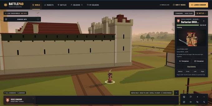 Screenshot of the BattleDuo game lobby showing a player 'VEGE KINGDOM' queuing for 'Barbarian 68CH...' in 'GINGER' kingdom, with a medieval castle and lone warrior character visible.