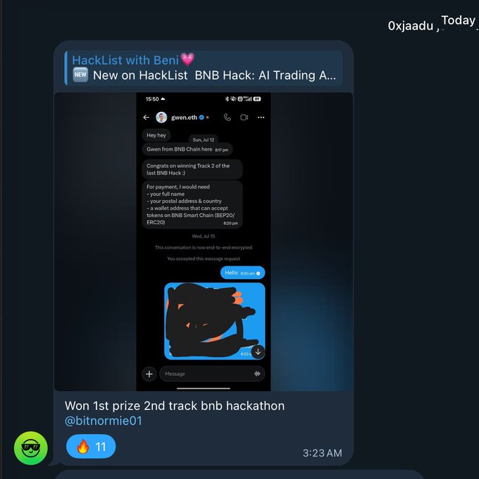 A screenshot of a Telegram message from "gwen.eth" congratulating a HackList community member on winning 1st prize in Track 2 of the BNB Chain Hackathon, with instructions for a $2,000 payment in BEP20/ERC20 tokens, accompanied by 11 fire emoji reactions celebrating the achievement.