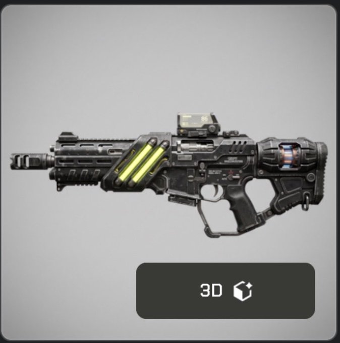 A detailed 3D render of a futuristic sci-fi rifle/assault weapon in black with yellow and red accents, labeled '3D' at the bottom.