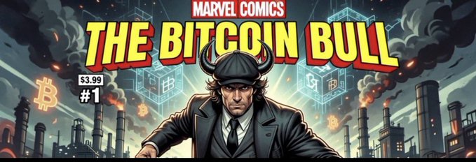 A comic book-style banner titled "MARVEL COMICS: THE BITCOIN BULL" features a stern character in a horned helmet and trench coat against an industrial backdrop with Bitcoin symbols, priced at $3.99 as issue #1. The post celebrates the banner and highlights the token ticker $TBB's 225% price surge, tying the heroic Bitcoin imagery to the coin's bullish momentum.