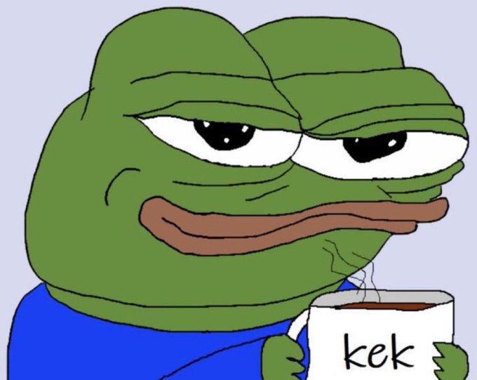 The image features the "Sad Pepe" frog meme holding a white mug labeled "kek" with a steaming hot beverage inside, set against a light blue background. It humorously contrasts with the post's optimistic claim, suggesting that not everyone has made $1k this month — perhaps implying a more skeptical or disappointed reality behind the bravado.