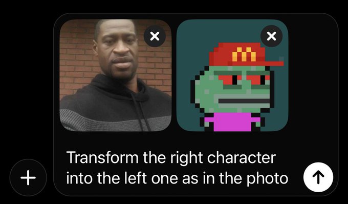 The image shows a man wearing a red hat with a McDonald's logo on his head. The photo also features a cartoon character that has a red hat, which matches the one worn by the man in the picture. The caption of the image reads "Transform the right character into the left one as in the photo".