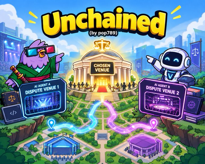 A colorful cartoon-style illustration titled 'Unchained (by pop789)' showing two AI agents, 'AI AGENT A DISPUTE VENUE 1' (an owl) and 'AI AGENT B DISPUTE VENUE 2' (a robot), pointing toward a 'CHOSEN VENUE' courthouse.