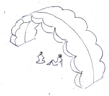 A simple blue ink sketch shows two small stick figures sitting and talking beneath a large arched, scalloped shape resembling a wave or shell.
