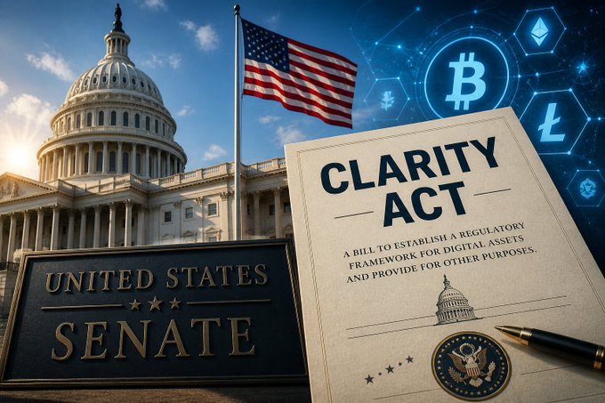 The image shows the U.S. Capitol dome with an American flag alongside a document titled "CLARITY ACT — A Bill to Establish a Regulatory Framework for Digital Assets," set against a backdrop of Bitcoin and Litecoin symbols, visually echoing the post's tension between crypto adoption through government regulation and the cypherpunk ideals of decentralization.