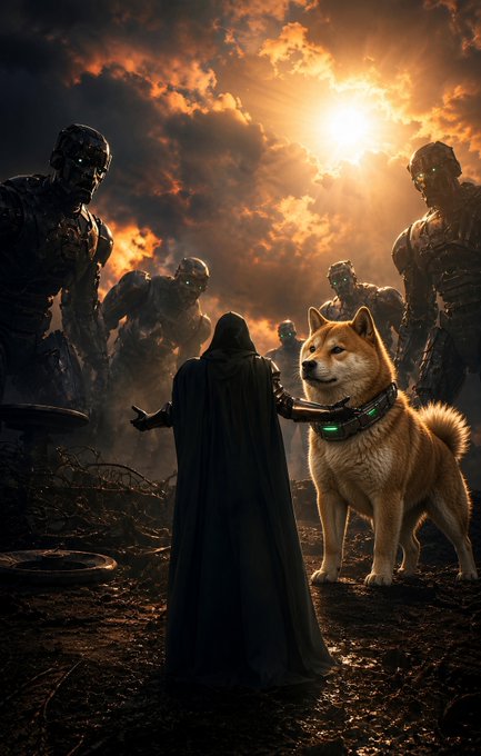 A cinematic image of a cloaked figure facing a giant Shiba Inu dog with a glowing collar, surrounded by towering robotic figures under a dramatic, sunlit sky.