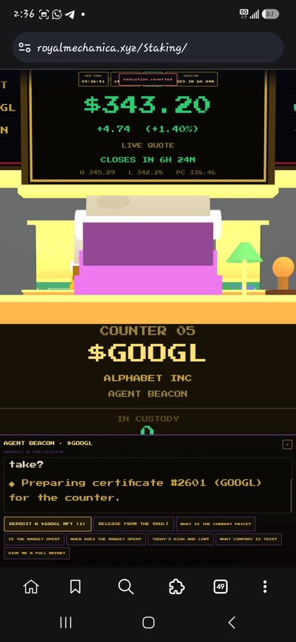 A pixel-art style "Counter 05" displaying Alphabet Inc ticker $GOOGL shows preparation of certificate #2601 for deposit, coinciding with the live $343.20 (+1.40%) GOOGL quote and the user's "fixing, dont stake now 20 min" notice.