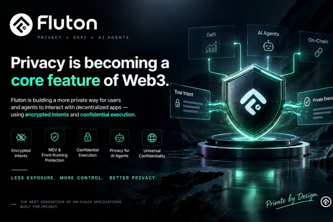 A promotional graphic for 'Fluton' advertises privacy features for Web3 with the tagline 'Privacy is becoming a core feature of Web3,' highlighting encrypted intents, MEV protection, and confidential execution.