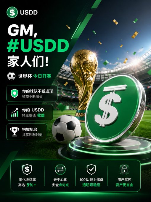 The promotional image for USDD features a World Cup theme with a trophy, soccer ball, and large USDD coin, displaying marketing claims including "8%+" annualized yield, 100% on-chain transparent reserves, decentralized security, and user-controlled assets.

The image's emphasis on "100% 链上储备 透明可验证" (100% on-chain reserves, transparent and verifiable) directly reinforces the post's point about open-verification being more valuable than typical stablecoin marketing—visually highlighting the transparency features that allow users to independently evaluate the system.