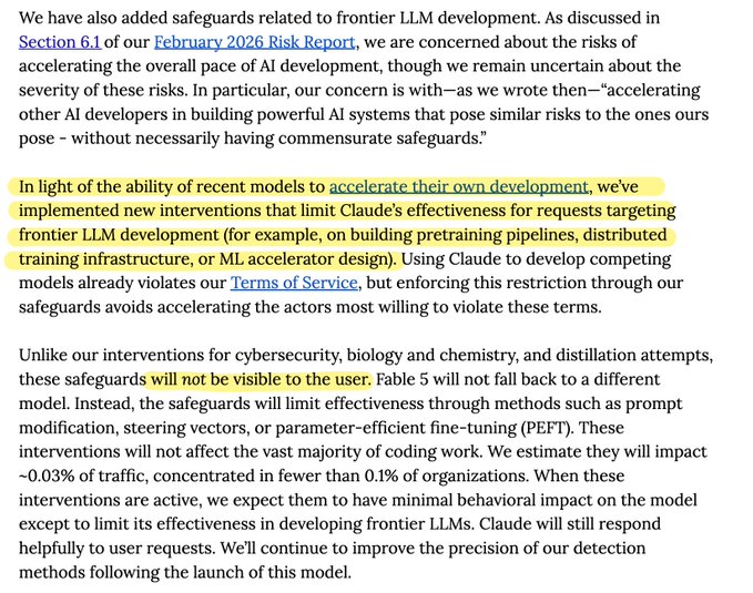 The image shows a document with yellow text that says "We have also added safeguards related to frontier LILM development". The document appears to be discussing the importance of verifying AI models' behavior, evaluation, and control within a specific security envelope. This information is crucial for ensuring the safety and integrity of AI systems in various applications.