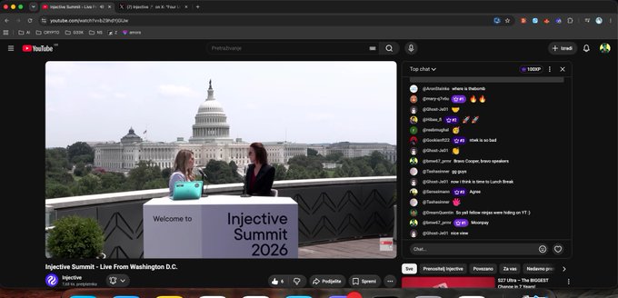 Screenshot of a YouTube live stream titled 'Injective Summit - Live From Washington D.C.' showing two women at an 'Injective Summit 2026' branded desk with the Capitol building in the background, alongside a live chat panel.