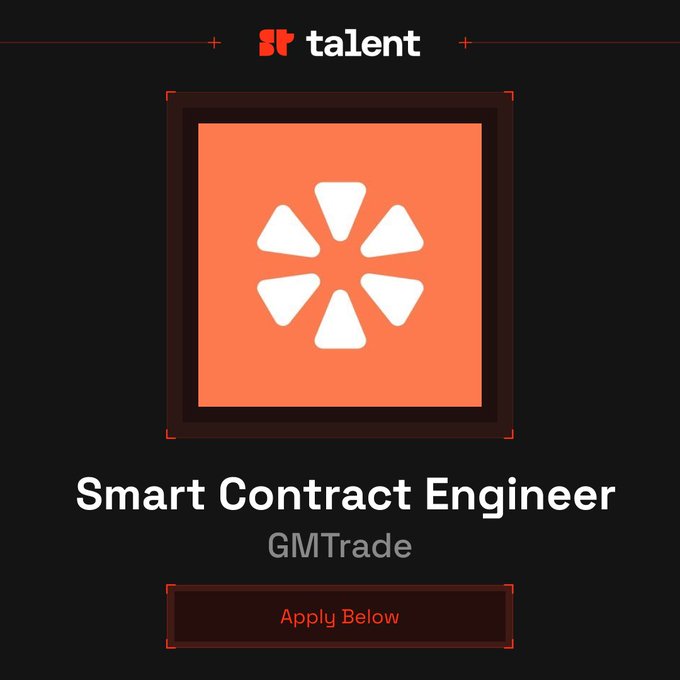 The image is a job listing card from Talent for a "Smart Contract Engineer" role at GMTrade, featuring an orange flower-like logo and an "Apply Below" button. The card visually promotes the hiring post about GMTrade seeking a Smart Contract Engineer to build and own their core on-chain protocol logic for their decentralized perpetual DEX on Solana.