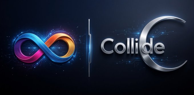 A digital graphic showing a colorful infinity symbol on the left and the metallic text "Collide" with a crescent shape on the right against a dark, circuit-patterned background.