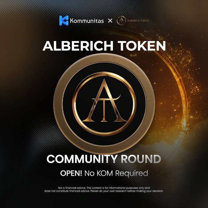 An advertisement for the Alberich Token Community Round by Kommunitas, stating it is OPEN with no KOM required, featuring a gold coin with an 'A' logo.