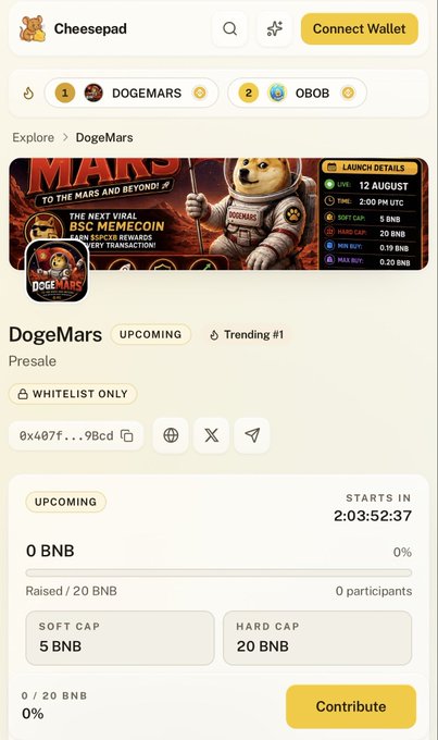 A CheesePad crypto presale platform page showing 'DogeMars' trending at #1 and 'OBOB' at #2, with the DogeMars BSC Memecoin launch details, a hard cap of 20 BNB, soft cap of 5 BNB, starting in 2:03:52:37.