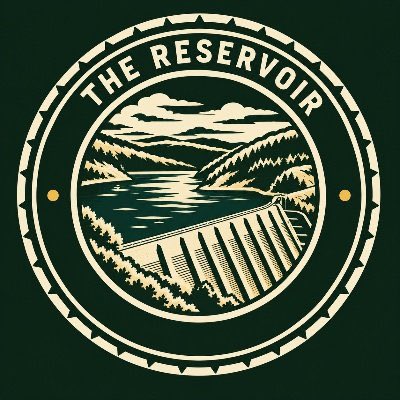 A circular vintage-style logo on a dark green background reads 'THE RESERVOIR' above an illustration of a mountain lake and dam.