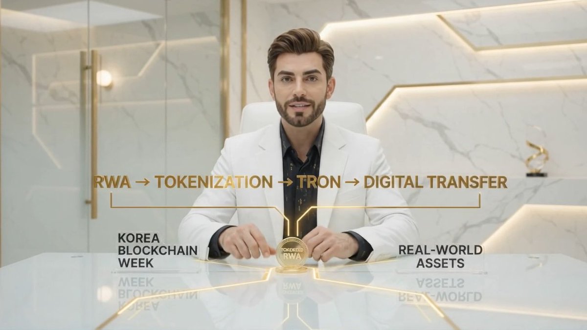 A man in a white suit sits at a sleek desk in a modern setting, presenting a diagram about tokenization with text reading 'RWA → TOKENIZATION → TRON → DIGITAL TRANSFER', 'KOREA BLOCKCHAIN WEEK', and 'REAL-WORLD ASSETS', with a 'TOKENIZED RWA' coin in front of him.