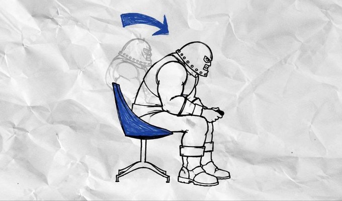 A sketched figure in a hockey goalie mask sits hunched over on a blue office chair, with an arrow indicating a slight backward lean, symbolizing a patient, stoic holder waiting for gains. The image visually represents the post's sentiment about remaining bullish and holding through stagnation, as the memecoin $JUGGERNAUT still sits below the $3M market cap mark.