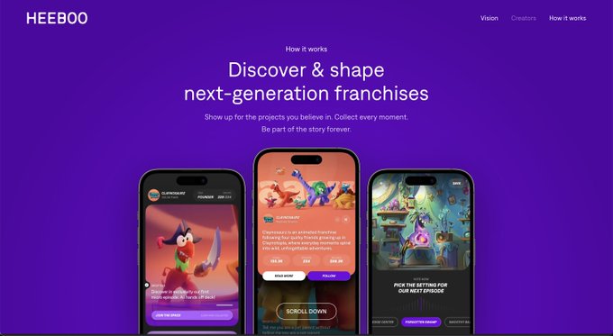 The image shows the HEEBOO website homepage with a purple background, featuring the tagline "Discover & shape next-generation franchises" and three smartphone mockups displaying an entertainment launchpad app created by Claynosaurz, with one screen showing "PICK THE SETTING FOR OUR NEXT EPISODE." The visuals relate to the post by showcasing Heeboo's platform as an entertainment launchpad founded by the Claynosaurz team, highlighting its feature where creators can shill launched projects to earn tokens.