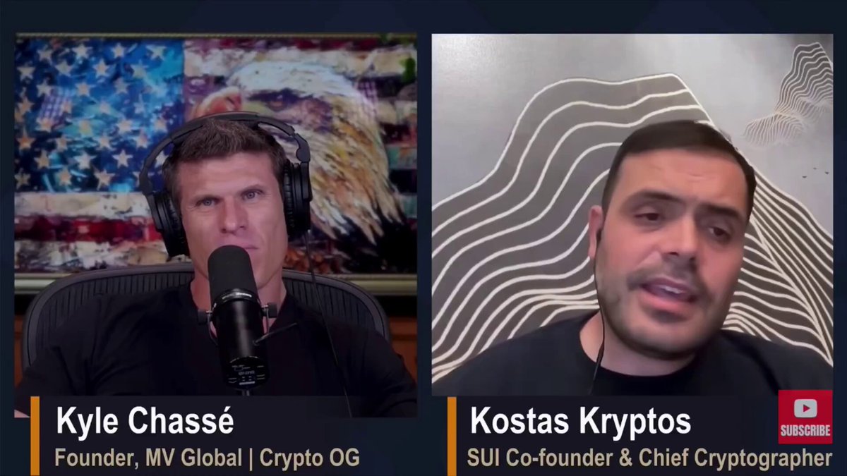 The image shows two men sitting behind microphones, likely participating in a podcast or radio show. The hosts are discussing the topic of blockchain technology and its potential impact on various industries. One man is wearing headphones while talking into his microphone, suggesting that he might be an expert in the field. The other host has a red "SUI" written on their shirt, indicating they may have connections to Sui or are involved with the company's operations. The image also includes text about the biggest question in crypto right now and how it could affect tech giants like Facebook, Google, or X.