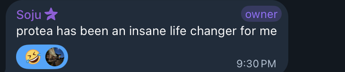 A Discord message from user "Soju" (marked as owner) reads "protea has been an insane life changer for me" at 9:30 PM, accompanied by laughing and study/work emojis. The message serves as an endorsement of the protea team mentioned in the accompanying post about seeking sponsorship for a protein fridge at Solana Summit.