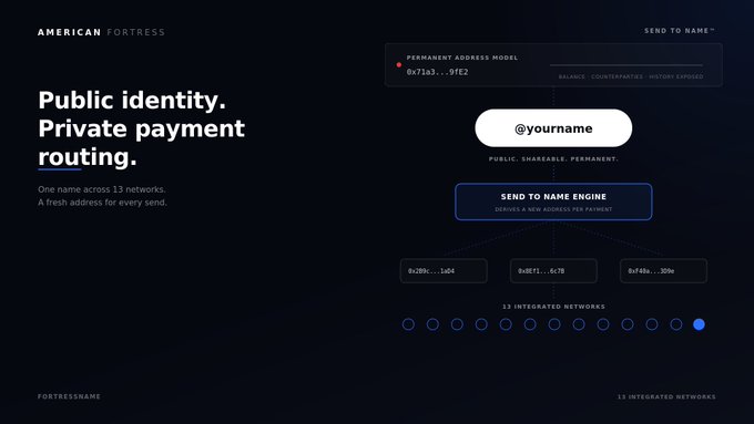 A website for 'American Fortress' promoting 'Public identity. Private payment routing.' with a name engine service across 13 integrated networks.