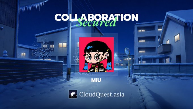 An anime-style scene at night with text 'COLLABORATION Secured', featuring a character avatar labeled 'MIU' and 'CloudQuest.asia'.