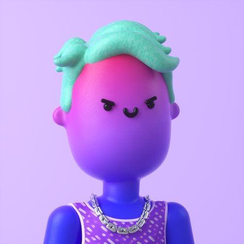 A 3D-rendered cartoon character with a purple-to-pink gradient head, light blue hair, and a stern expression wears a silver chain necklace against a solid light purple background.
