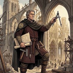 An illustration depicts a bearded man in medieval robes holding a large book in one hand and a cross in the other, standing before a Gothic cathedral under construction.
