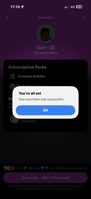 A smartphone screen shows a subscription confirmation pop-up reading 'You're all set. Your purchase was successful.' over a Patreon-like interface for 'Quit' priced at 'AED 3.70/month'.