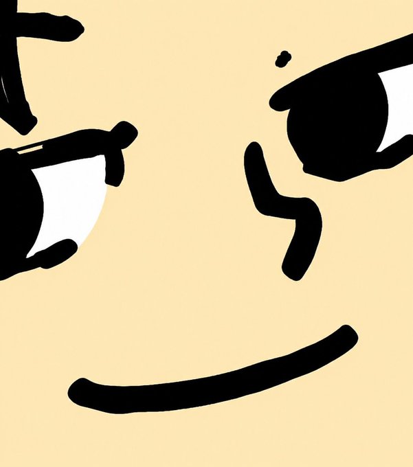 A minimal abstract drawing with black brushstrokes on a tan background, suggesting facial features with two eyes and a simple smile.