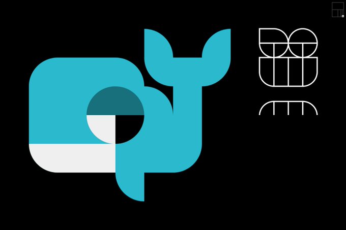 An abstract graphic design featuring a blue stylized whale and circular geometric shapes on a black background.