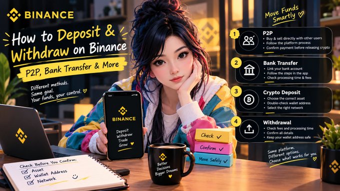 An infographic titled 'How to Deposit & Withdraw on Binance' illustrates four methods—P2P, Bank Transfer, Crypto Deposit, and Withdrawal—alongside an anime-style female character using a phone.