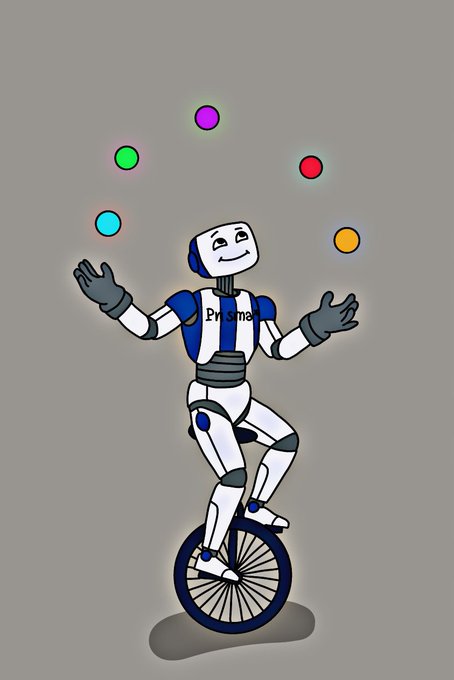 A white and blue robot labeled "Prisma" juggles colorful balls while balancing on a unicycle, symbolizing the dexterity, balance, and foundational skill-building that the post attributes to PrismaXai's role in advancing robotics technology.