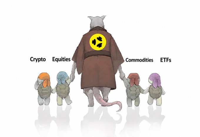 A cat in a robe with the Decibel logo on its back walks ahead, leading four turtle children labeled "Crypto," "Equities," "Commodities," and "ETFs," symbolizing Decibel Trade's unified approach to connecting diverse financial markets under one ecosystem.