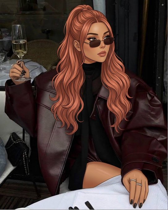 A digital illustration of a stylish woman with long wavy reddish-orange hair wearing a burgundy leather jacket and sunglasses, holding a champagne glass.