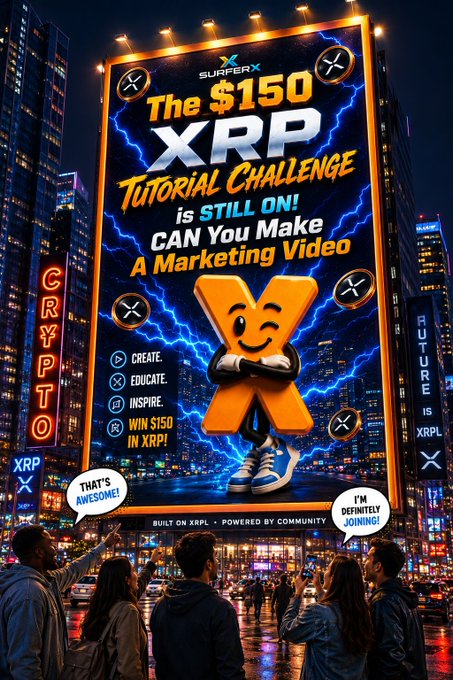 A vibrant digital poster advertising 'SURFERX The $150 XRP Tutorial Challenge', featuring an anthropomorphic XRP character and listing actions to 'CREATE', 'EDUCATE', and 'INSPIRE' to win $150 in XRP.