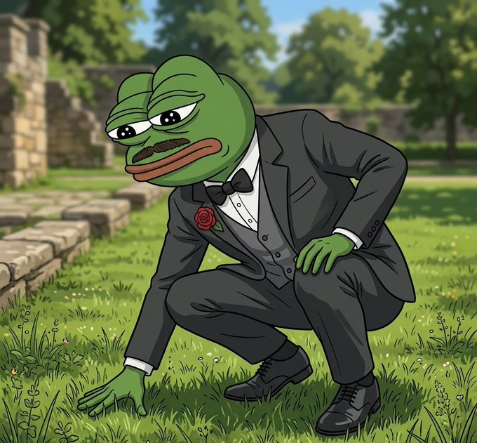 A cartoon Pepe the Frog dressed in a formal tuxedo with a red rose boutonnière crouches down to touch the grass in a lush garden setting, illustrating the post's "touch the grass" message about taking a moment to appreciate the simple things while promoting long-term infrastructure building.
