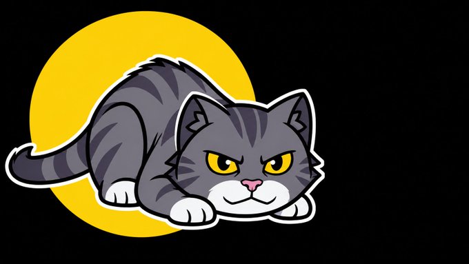 A cartoon illustration depicts a gray tabby cat with an angry expression crouched in front of a yellow crescent moon against a black background.