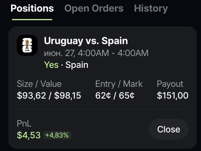 "Genuinely starting to love more & more the @jup_mobile prediction management experience now that it's natively integrated Open predictions an instantly see: -Your positions/open orders -History -Entry vs current market -Potential payout -Live PnL -Claimable winnings". This text is most likely associated with a mobile device screen, as it provides details about the phone and possibly relevant data in a list format. The image appears to be related to investing or trading options on the stock exchange between two countries, specifically Uruguay vs Spain.
